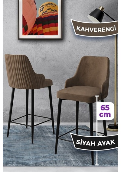 Canisa Tera Serisi 2 Kahve Sandalye 65 Cm Ada Mutfak Bar Sandalyesi Babyface Kumaş Siyah Metal Ayaklı Sandalyeler Kahve Ayaklar Siyah