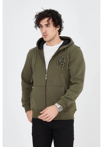 Erkek 3 İplik Pamuklu Fermuarlı Kapüşonlu Kanguru Cepli Baskılı Hoodie Hırka Sweatshirt - Yeşil