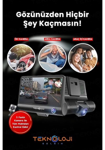 Tr Lcd Ekranlı 170 Geniş Açı 1080p İçi Kamera Gece Görüşlü 3 Kameralı G-sensör İle Uyumlu Yol Kayıt