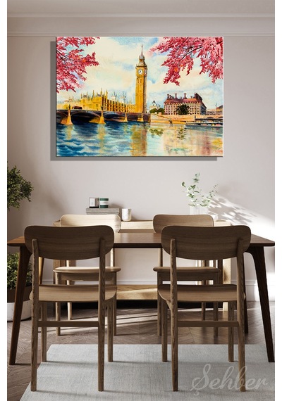 Suluboya Tarzında Thames Nehri Kıyısındaki Big Ben Saat Kulesi Yatay Kanvas Tablo 4018 Çok Renkli