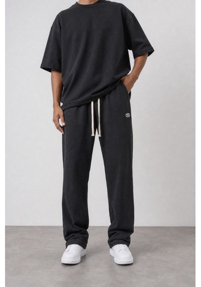Respire Erkek R Nakışlı Müslin Baggy Pantolon Siyah
