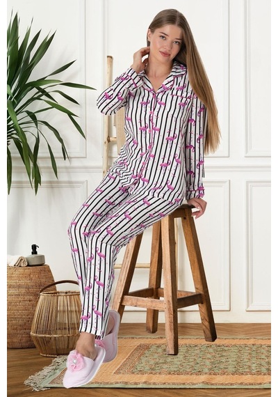 Lohusa Sepeti Lohusasepeti Flamingo Temalı Önden Düğmeli Lohusa Pijama Takımı Ekru - 5923 001