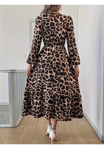 Emh Store Uzun Kollu Bisiklet Yaka Leopar Desenli Midi Süprem Elbise Leopar