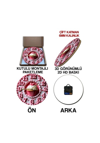 Kalpli Cupcake Temalı Mdf Duvar Saati 33 Cm, 3d Görünümlü, Sessiz Mekanizmalı, 2d Hd Baskı Sdw238 Renkli