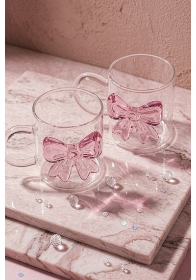 Kapris 2 Adet Pembe Fiyonklu Kulplu Cam Kupa Bardak 400 Ml 7208