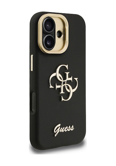 Apple iPhone 16 Uyumlu Kılıf Guess  Lisanslı Grained Yazı Logolu Kamera Standlı Kapak Siyah