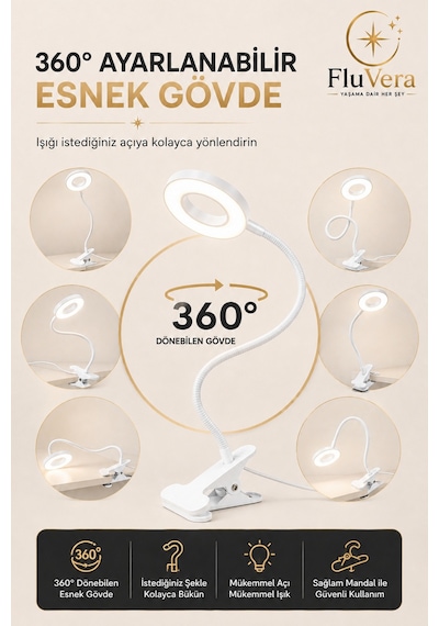 Usb Led Halka Masa Lambası 3 Renk Işık 360 Esnek Gövde Mandallı Klipsli Çalışma Okuma Makyaj Lambası Beyaz