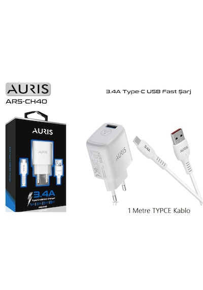 Auris ARS-CH40 3.4A Type C Kablolu Şarj Aleti Beyaz