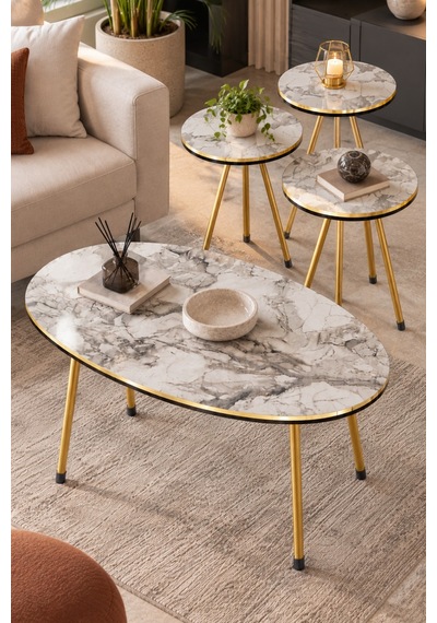 Sulorahome Beyaz Mermer Desenli Ve Gold Metal Ayaklı 4'lü Sehpa Seti Beyaz Mermer - Altın Sulorahome Beyaz Mermer Desenli Ve Gold Metal Ayaklı 4'lü Sehpa Seti Beyaz Mermer - Altın