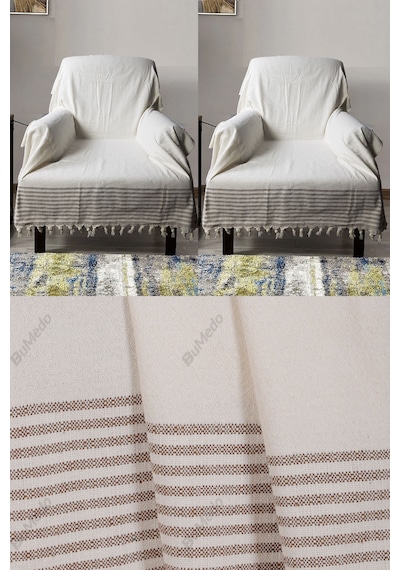 Buldan İşi Pamuklu 2'li Berjer Koltuk Örtüsü Seti 180x150 Cm - Kolları Örten Dokuma Kumaş Krem - Kahve