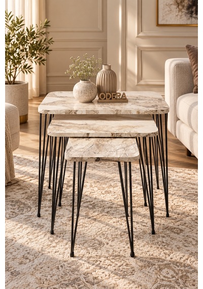 Odera Efes Ahşap Desenli Zigon Sehpa 3'lü Set Metal Tel Ayaklı Modern Retro Salon Sehpası Diğer