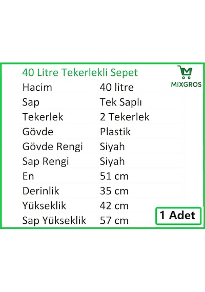 Tekerlekli Plastik Market Alışveriş El Sepeti 40 Litre Siyah 1 Adet