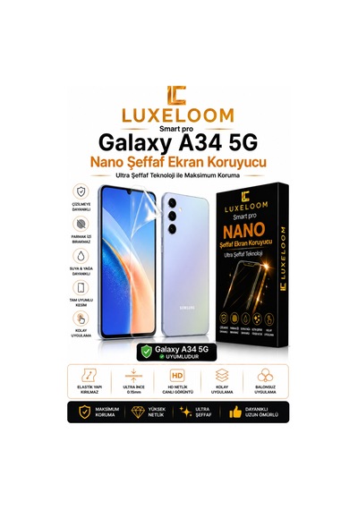 Luxeloom Samsung Uyumlu Galaxy A34 5g Smart Pro Nano Şeffaf Ekran Koruyucu 0.15mm Ultra İnce, Kırılmaz