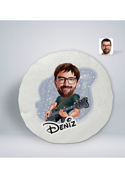 Bk Gift Kişiye Özel İsimli Erkek Gitarist Karikatürlü Yuvarlak Araç Koltuk Yastığı-1 Çok Renkli