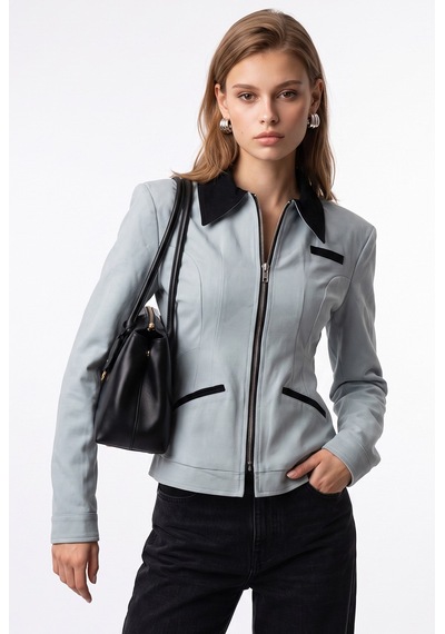 Mixray 2226 Kadın Astarlı Fileto Cepli Çift Fermuar Slim Fit Ceket Buz Mavisi