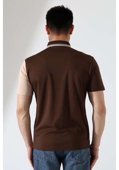 Rıbana Classıc Erkek Çizgili Şerit Detaylı Pamuklu Polo Yaka T-shirt Kahverengi