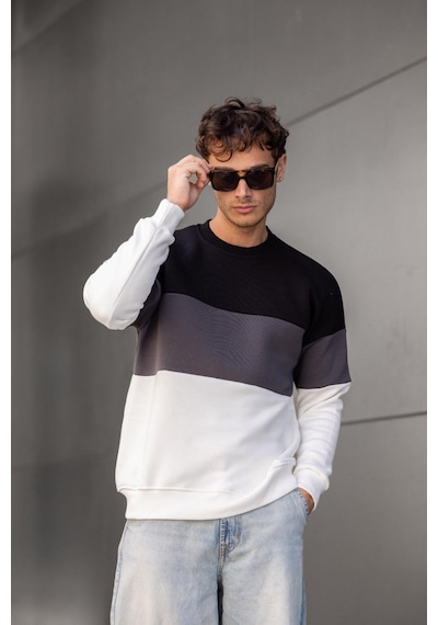 Trc 3244 Üç İplik Pamuklu Parçalı Bisiklet Yaka Erkek Sweatshirt 001