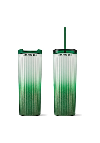 Starbucks Yeşil Beyaz Geçişli Çift Kapaklı Paslanmaz Çelik Termos 473ml