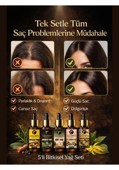 Amazeus Hızlı Uzama & Dökülme Karşıtı 7'li Bitkisel Yağ Seti Argan, Biberiye, Tatlı Badem,hint,ylang Ylang