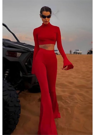 Neşeli Butik Kadın Balıkçı Crop İspanyol Paça Pantolon İkili Takım Nbdf166 Kırmızı