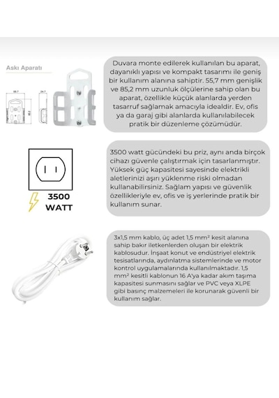 Viko 3'lü Grup Priz 1 Metre Beyaz 3x2,5 Kalın Kablolu Uzatma Kablosu