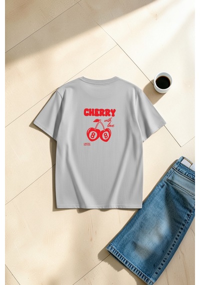 Uyguntarz Unisex With Love Cherry Baskılı Tasarım Oversize Tişört Gri