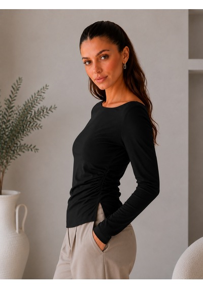 Sortie Collection Yan Büzgülü Önü Uzun Asimetrik Yırtmaçlı Kayık Yaka Bluz Siyah