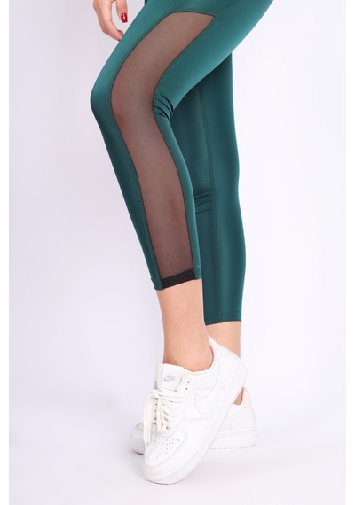 Soft&Basic Kadın Tayt Takım Polyester Paçası Tül Detaylı Yüksek Bel Tayt Ve Bralet Yeşil