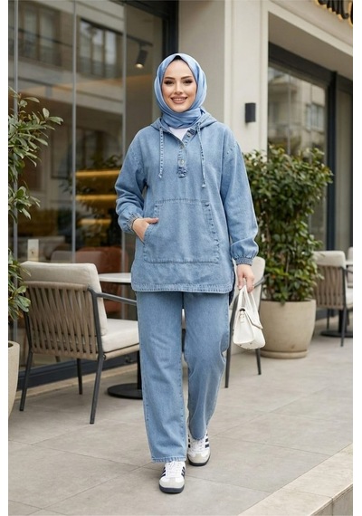 Hb Harma Time Butik Kadın Kapüşonlu, Düğmeli Ve Cepli Açık Kot Mavi Tunik Pantolon İkili Takım Açık Mavi