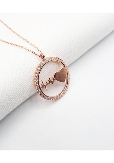 Brezza Lusso Jewelry Gümüş Rose Renk Halka Kalp Ritmi Gümüş Kadın Kolye 45 CM