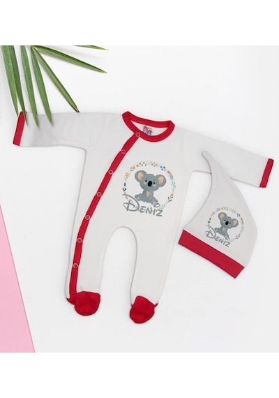 Bk Kids Kişiye Özel Sevimli Koala Tasarımlı Kırmızı Tulum Zıbın V Çok Renkli