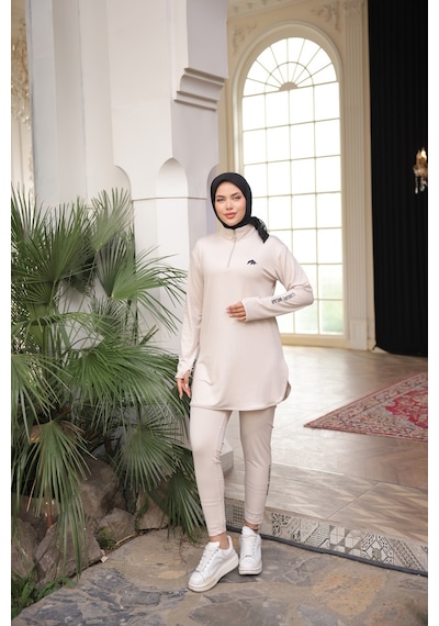 Mimi Luxury Wear Bej Kadın Fermuarlı Dalgıç Kumaş Standart Kalıp Jogger Eşofman Takımı 358