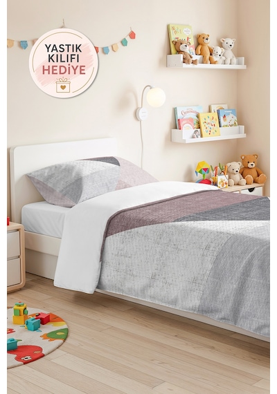 Geometrik Gri Genç Odası Tek Kişilik Pike Takımı - Pudra Modern 160x220 Cm Kapitone Yatak Örtüsü Masalsı Örtü Uyumu