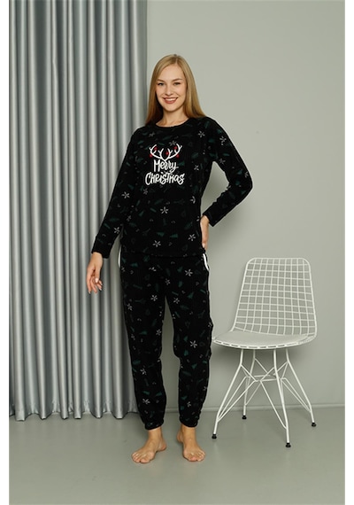 Akbeniz Merry Christmas Welsoft Polar Kadın Pijama Takımı 8514 - L Siyah