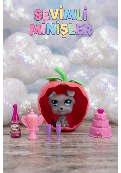 Sevimli Minişler Işıklı Elma Yuvalı Pet Shop Oyun Seti Kaleme Takılabilir Gri Köpek Figürlü Eğlenceli Çocuk Oyuncağı