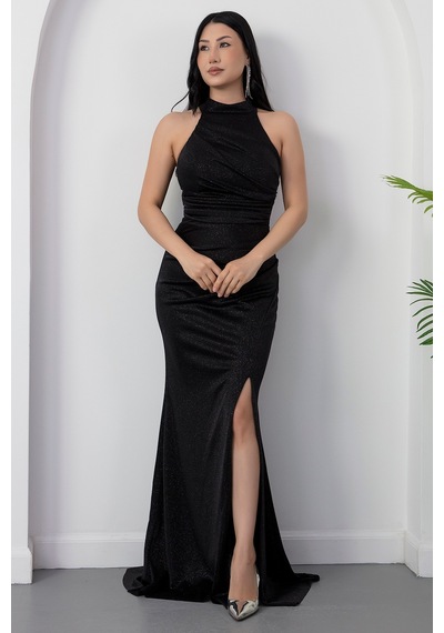 Kalopya Halter Yaka Yırtmaçlı Simli Elbise Drp0013 Siyah