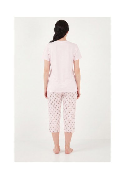 Lela Desenli Pamuklu Bisiklet Yaka Kaprili Pijama Takımı Bayan Pijama Takımı 65790787 Pudra
