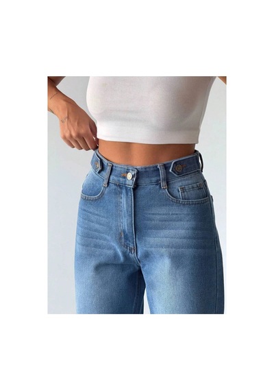 Kene Jeans Mavi Kemer Apolet Detaylı Mom Jeans Mavi
