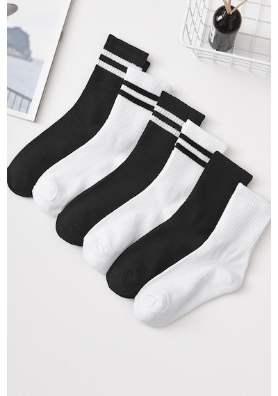 Bgk Unisex 6 Çift Düz Siyah Beyaz Tenis Çorap Siyah