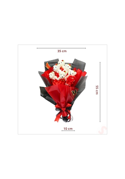 6 Ayıcıklı Buket, 55cm X 35cm - Kırmızı
