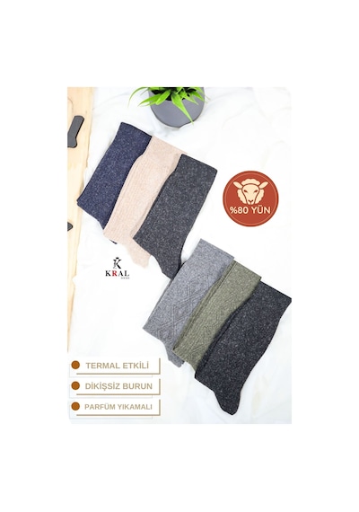 Kral Erkek 6'lı Thermal Etkili İnce Örgülü Kışlık Çorap Lambswool Gri Melanj