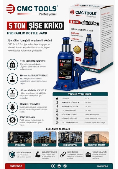 5 Ton Şişe Kriko 380 Mm Maksimum Yükseklik 195 Mm Minimum Yükseklik Kod: Cmc 8563