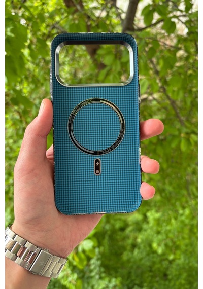 Apple iPhone Uyumlu 17 Pro Deniz Dalgası Desenli Soft Dokulu Karbon Fiber Magsafe Kılıf Siyah