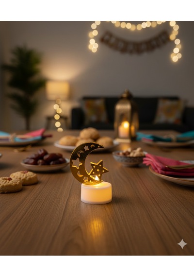 6 Cm Ramazan Ledli Tealight Mum Altın Metal Ay-yıldız Model - Kendinden Pilli Dekoratif Mum Diğer
