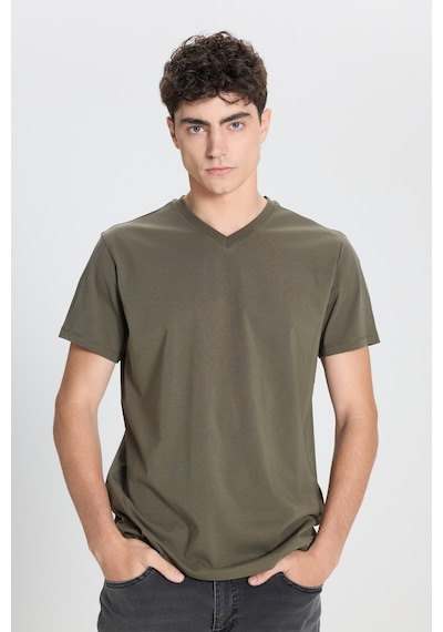 Ac&Co / Altınyıldız Classics Slim Fit Dar Kesim V Yaka Pamuklu  Erkek Tişört Haki
