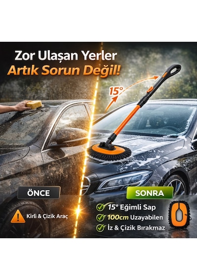 Polham 100cm Uzayabilen Teleskopik Saplı Kuru Islak Araç Temizleme Fırçası, İz Ve Çizik Bırkaz Fırça, Yedek Bezli