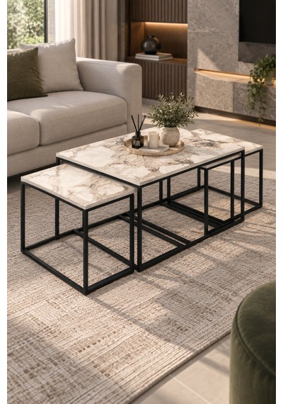 Sulorahome Ekru Desenli Metal Ayaklı 4'lü Sehpa Seti