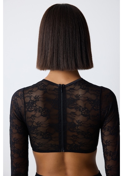 Penti Shinny Lace Dantel Uzun Kollu Siyah Croplet