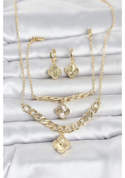 Mey İthalat Gold Renk Pirinç Kolye Bileklik Ve Küpe Seti Çok renkli