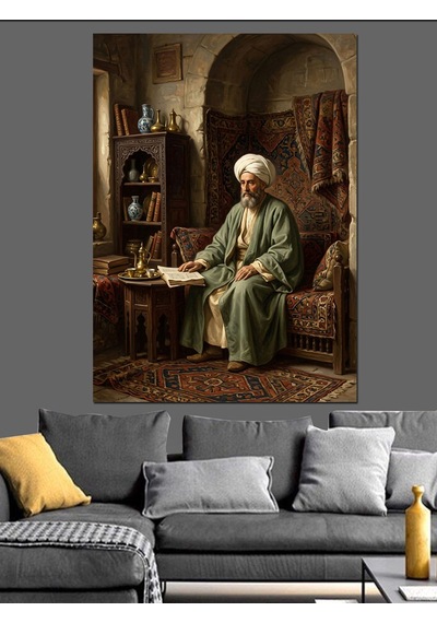 Kitap Okuyan Geleneksel Bilge Adam Dekoratif Kanvas - Mdf Ahşap Tablo